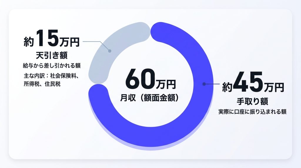 60万_手取り_月収60万円の実際の手取り額は約45万円！給与から天引きされる内訳を解説_グラフ
