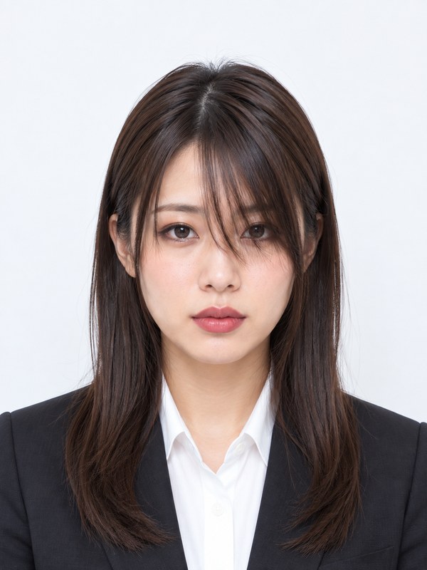 履歴書写真のNG例|髪が顔の両サイドにかかり耳が隠れている女性の証明写真