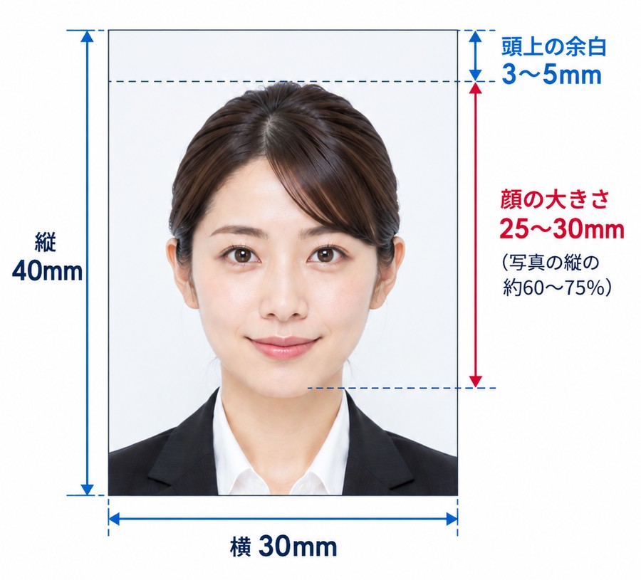 履歴書の証明写真のサイズ図解|縦40mm×横30mm、顔の大きさ25〜30mm、頭上の余白3〜5mm