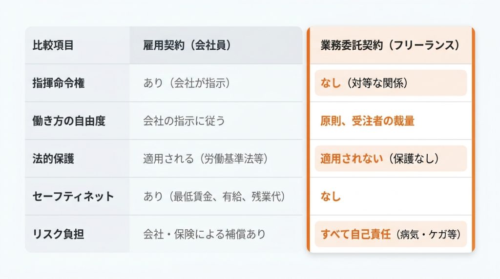 フリーランス_業務委託契約_ステップ2：会社員とは違う！雇用契約と業務委託契約の決定的な違いを把握する_グラフ