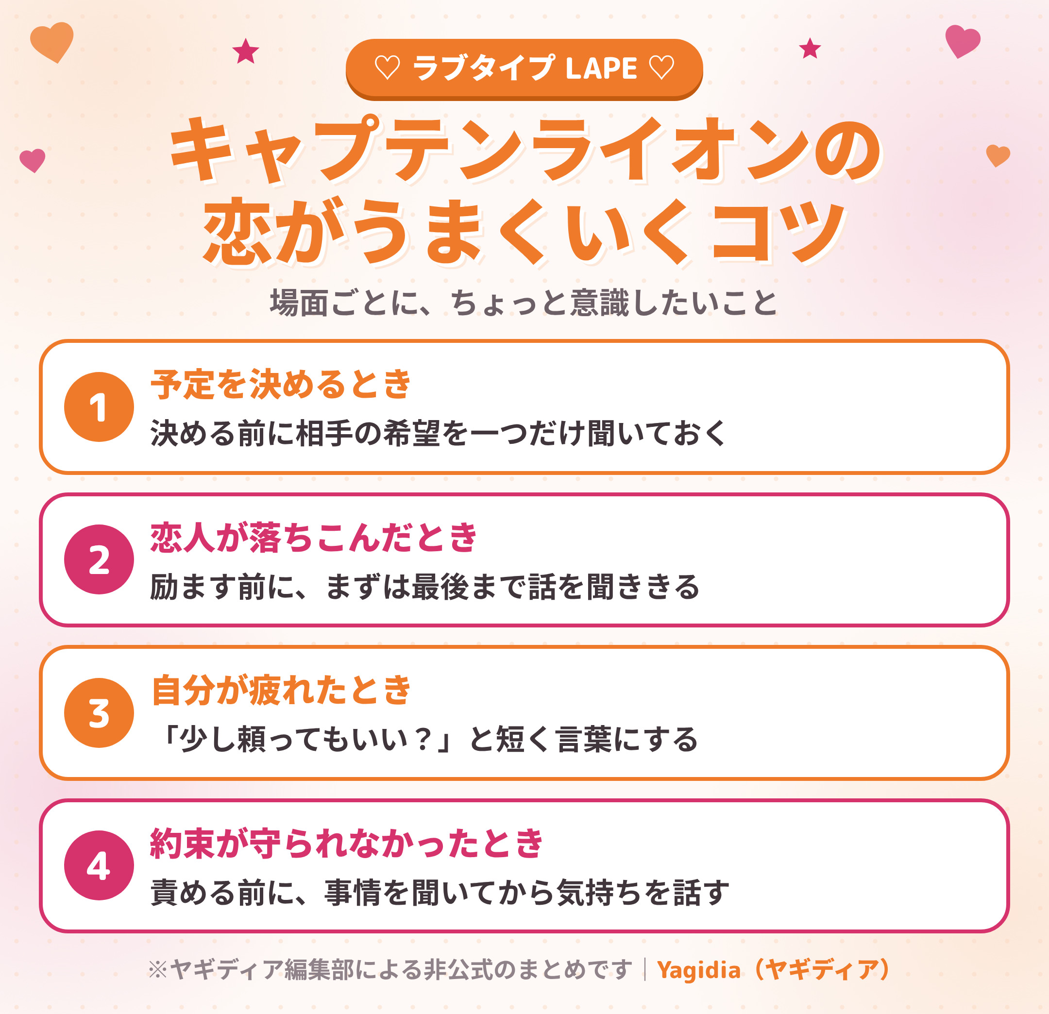 キャプテンライオン(LAPE)の恋がうまくいくコツ 場面別4つ