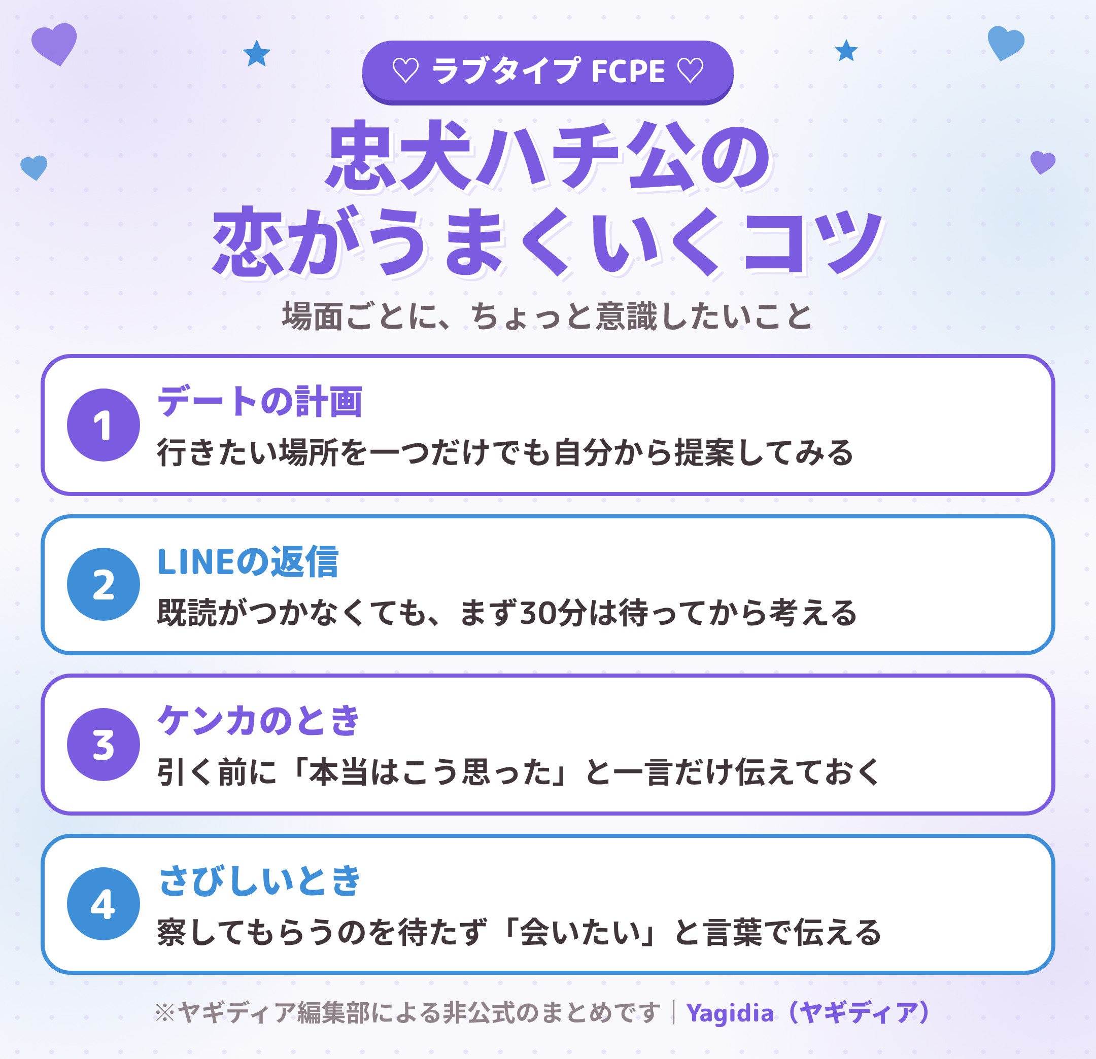 忠犬ハチ公(FCPE)の恋がうまくいくコツ 場面別4つ