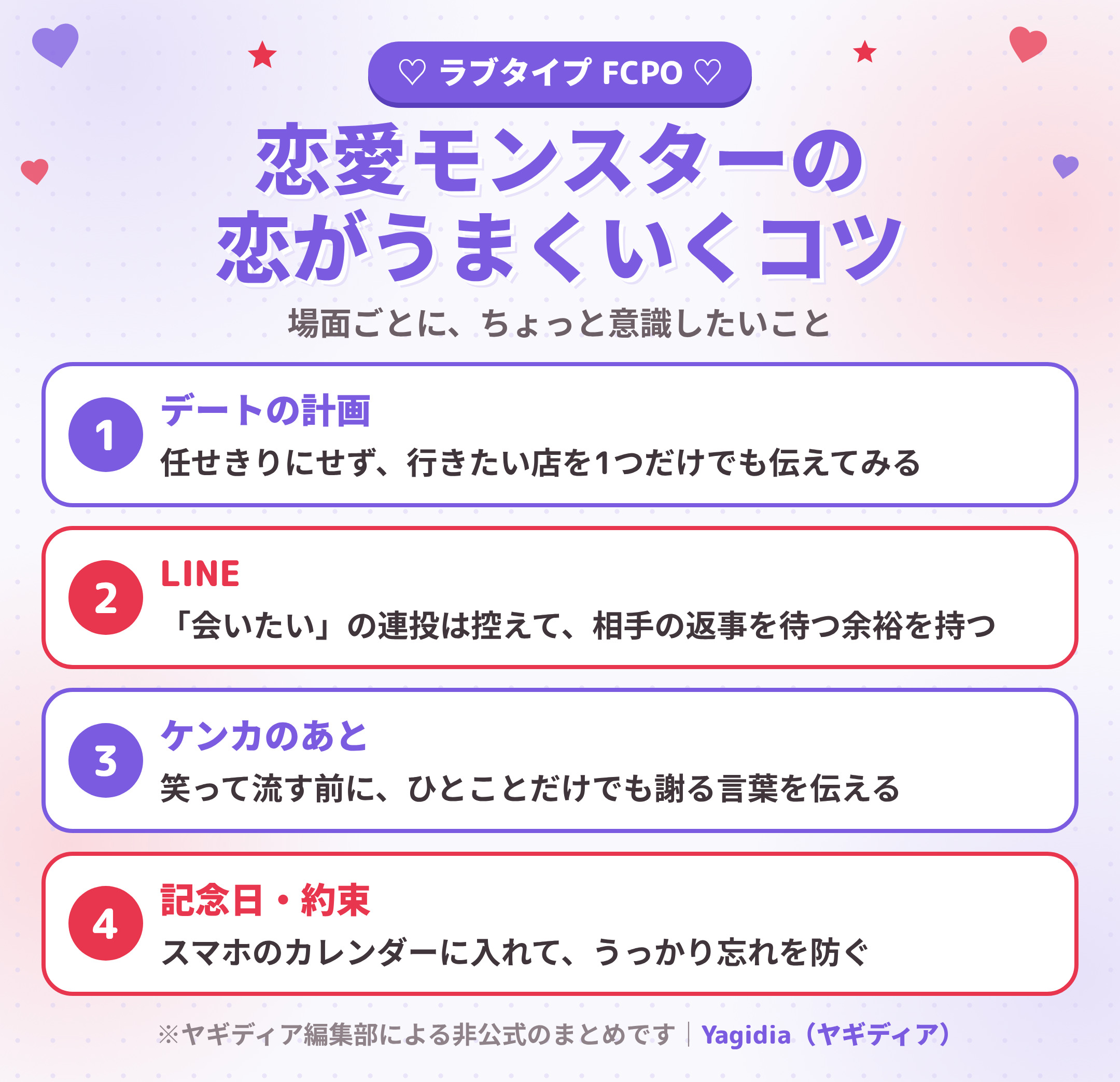 恋愛モンスター(FCPO)の恋がうまくいくコツ 場面別4つ