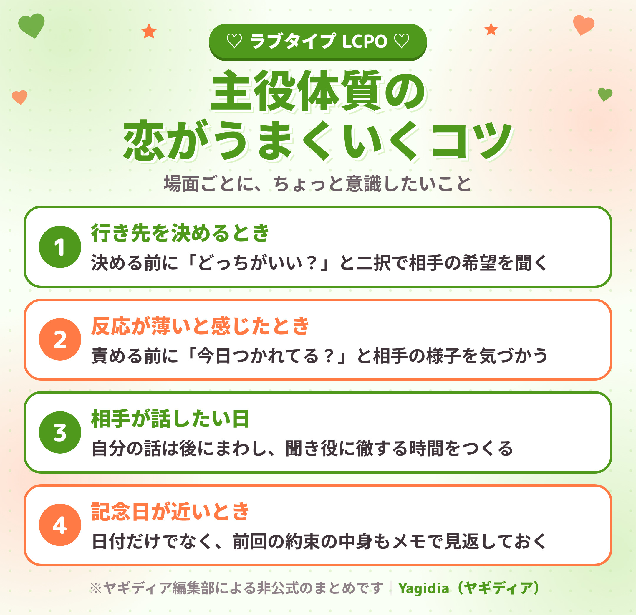 主役体質(LCPO)の恋がうまくいくコツ 場面別4つ