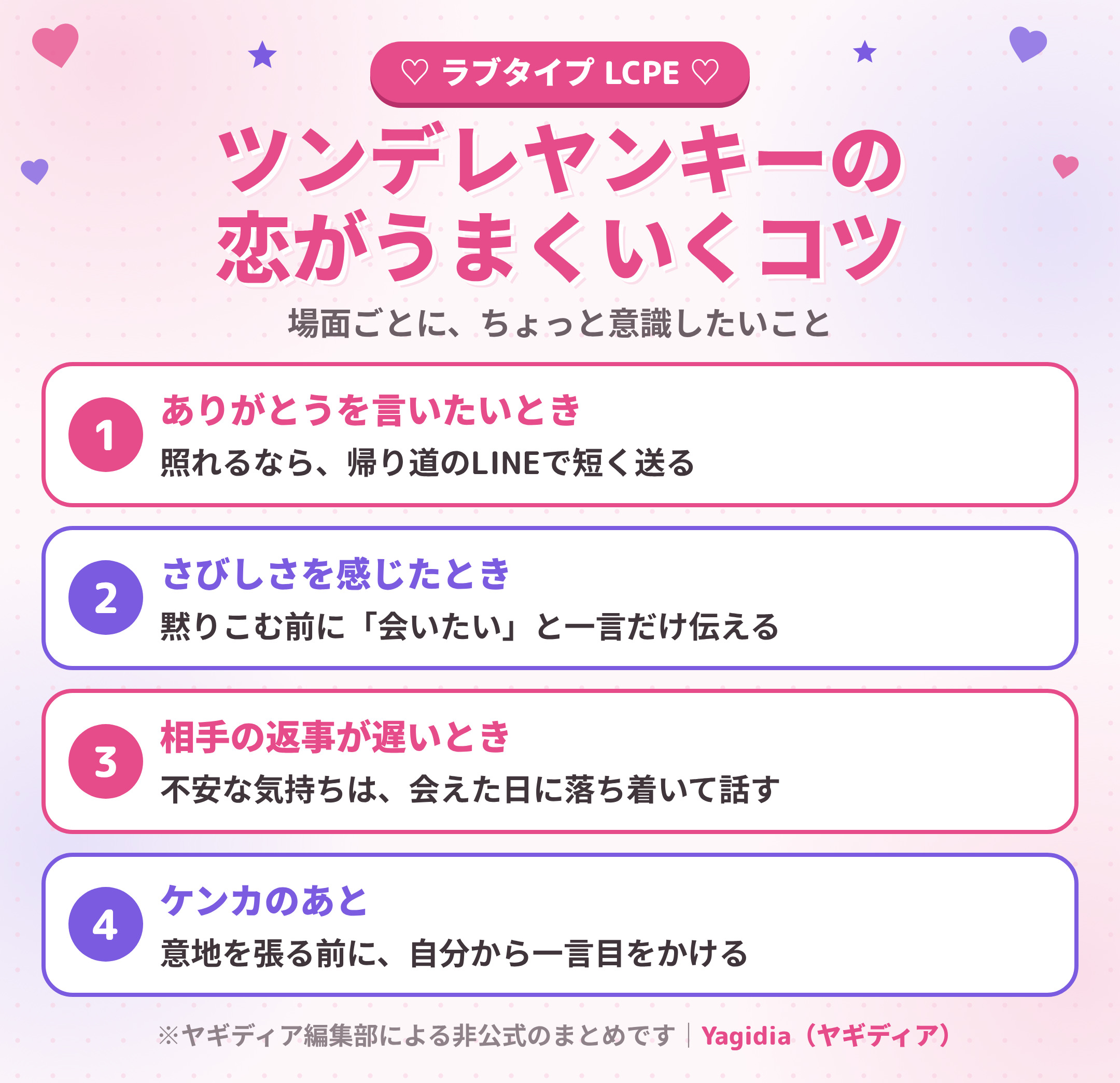 ツンデレヤンキー(LCPE)の恋がうまくいくコツ 場面別4つ