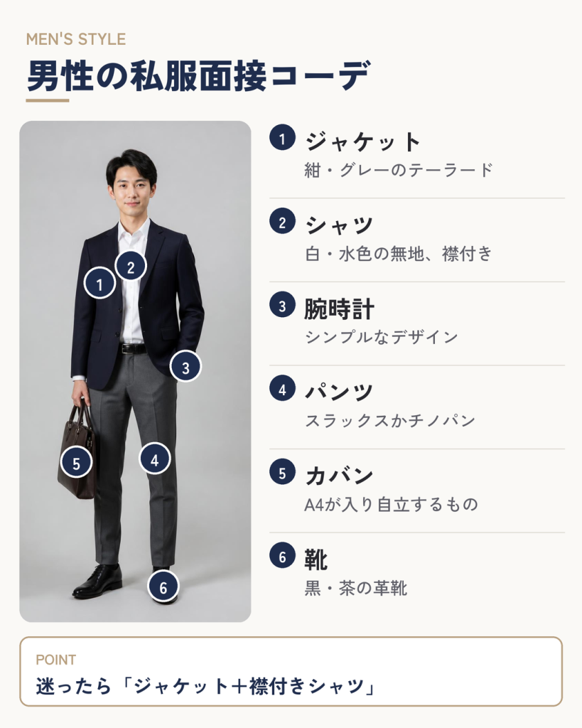 私服面接の男性コーデ例（紺ジャケット、白シャツ、グレーのスラックス、革靴）