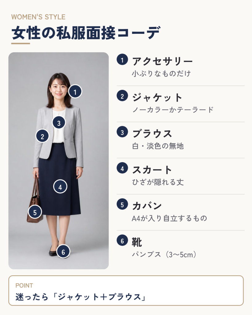 私服面接の女性コーデ例（グレーのノーカラージャケット、白ブラウス、紺のひざ下スカート、パンプス）